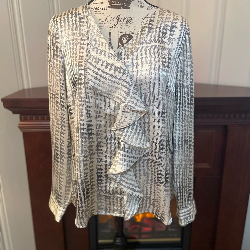 NWT Coldwater Creek Ivory Black Ruffle Silky Blouse ~ M 10/12